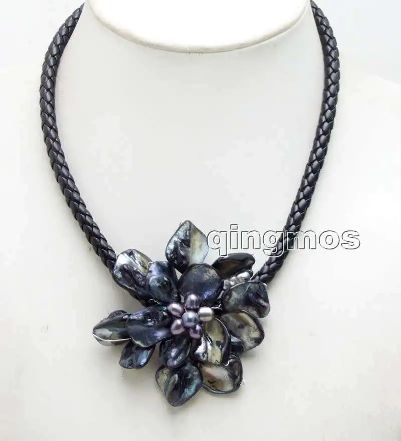 

70mm Black Baroque Shell Pearl Flower pendant with 6mm Black Leather Rope 18'' Necklace-6317 whole sale and retail Free shipping