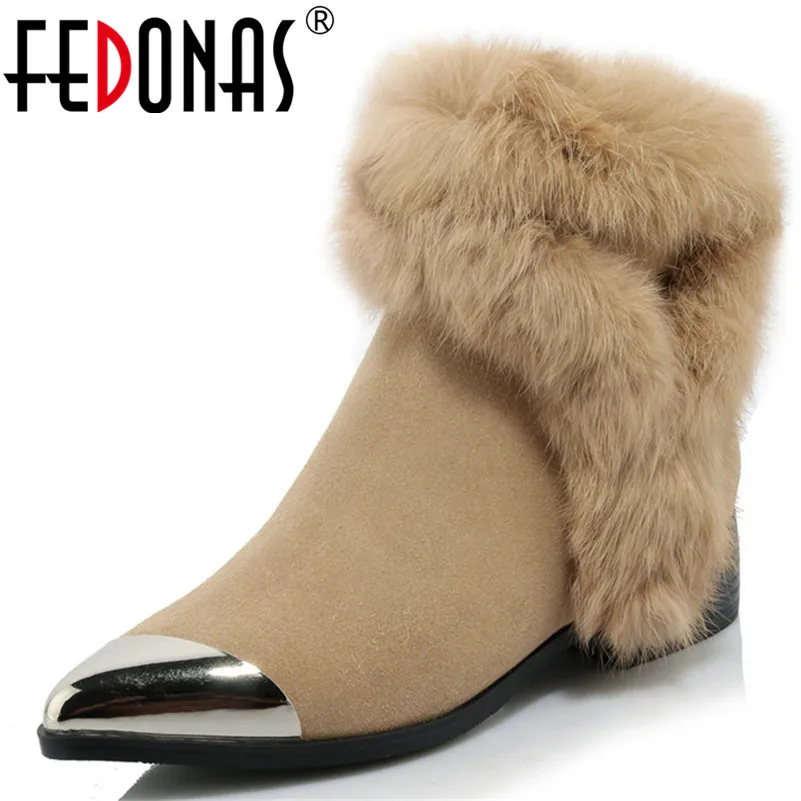Beste FEDONAS Mode Sexy Metalen Neus Enkellaars Hoge Hakken Winter Bont Snowboots Korte Warm Martin Schoenen Vrouwen Bruiloft schoenen