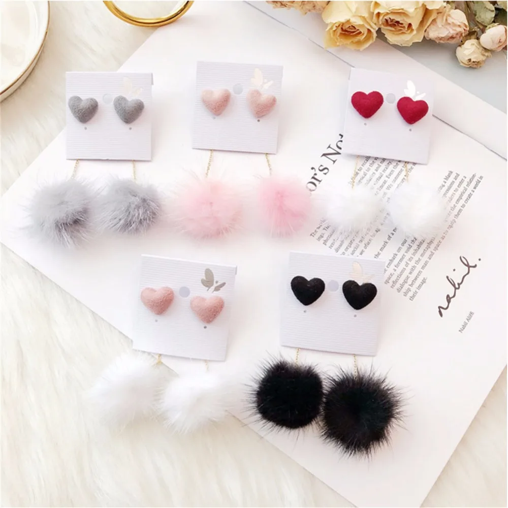 

Ms Betti 2018 korean accessories Soft pink white gray black Fur Ball heart PomPom Long Earrings valentine's day gifts for women