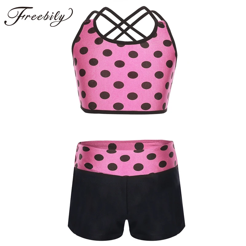 

Kids Girl 2PCS Sleeveless Tankini Polka Dot Bra Top with Shorts for Swimsuit Ballet Dance Gym Workout Dancing Clothes
