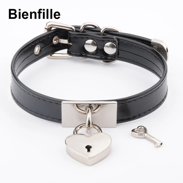 Gothic Heart-shape Lock Chain Black Leather Choker