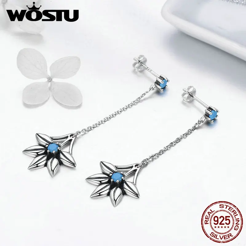 

WOSTU Pure 925 Sterling Silver Blue Cubic Zircon Youth Flower Long Dangle Drop Earrings for Women Party S925 Luxury Gift BKE279