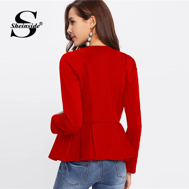 Bibize Red Autumn Jacket Women Zip Up Box Pleated Coat Ruffle 