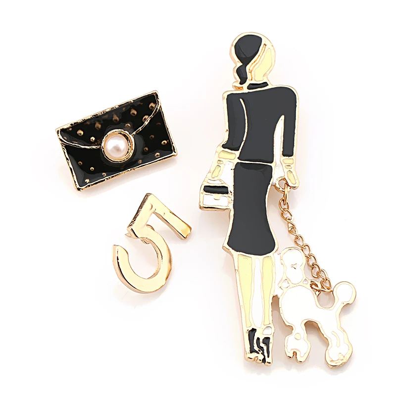 

Pack of 3 Pieces Elegant Lady's No.5 and Handbag Set Chain Enamel Brooch Pins for Women