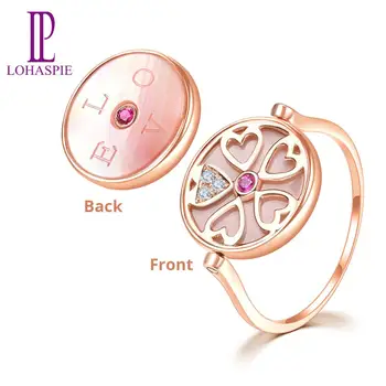 

LP Solid 18K Rose Gold Ring Natural Gemstone Ruby pink mother shell Diamond Love Engagement Ring Fine Jewelry for Girl's Gift