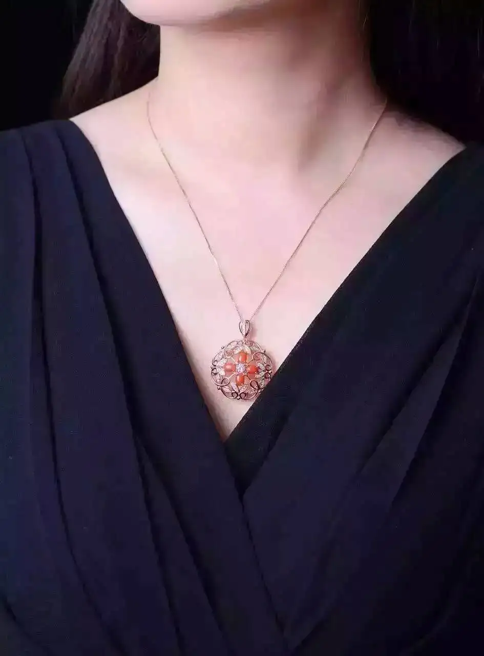  Pendentif corail rouge naturel pendentif pierre précieuse naturelle S925 argent luxueux rond chance