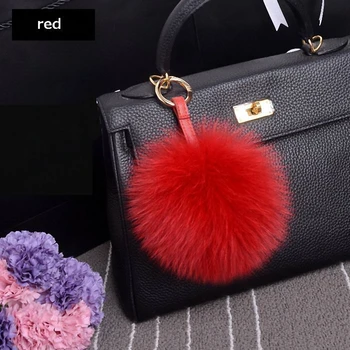 

13-15cm Luxury Fluffy Real Fox Fur Ball Pom Pom Plush Size Genuine Fur Key Chain Metal Ring Pendant Bag Charm Fi-K010-red