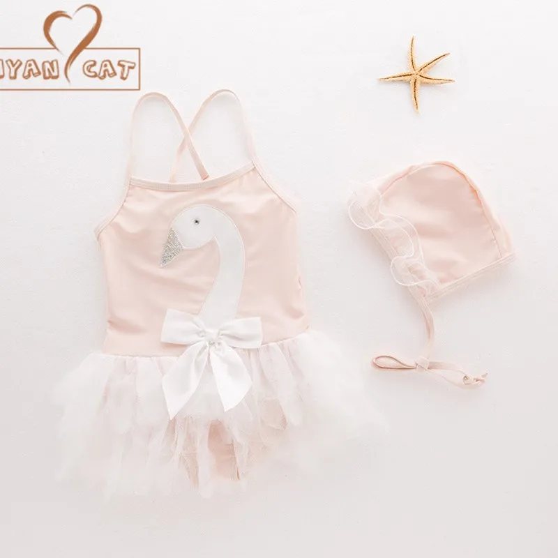 New baby girls swimsuit infant toddler kids childrens swan Applique