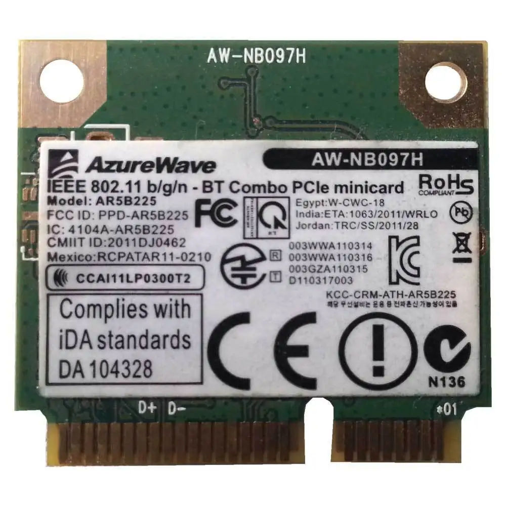 

Wireless Adapter Card for AzureWave AW-NB097H AW-NB100H AW-NB126H AR9485 AR3012 AR5B225 Half Mini PCI-e 300Mbps Wifi Wlan+BT4.0