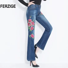 Джинсы женские Высокая талия корейский стиль расклешенные джинсы цветы вышитые стрейч джинсовые брюки большой размер Женская одежда Femme