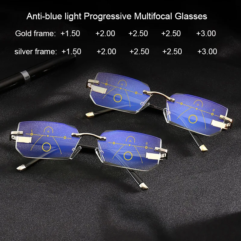 

Rimless Progressive Multifocal Anti Blue Ray Computer Unisex Reading Glasses Hyperopia Presbyopia Reading +1.5 +2.00 +2.50 +3.00