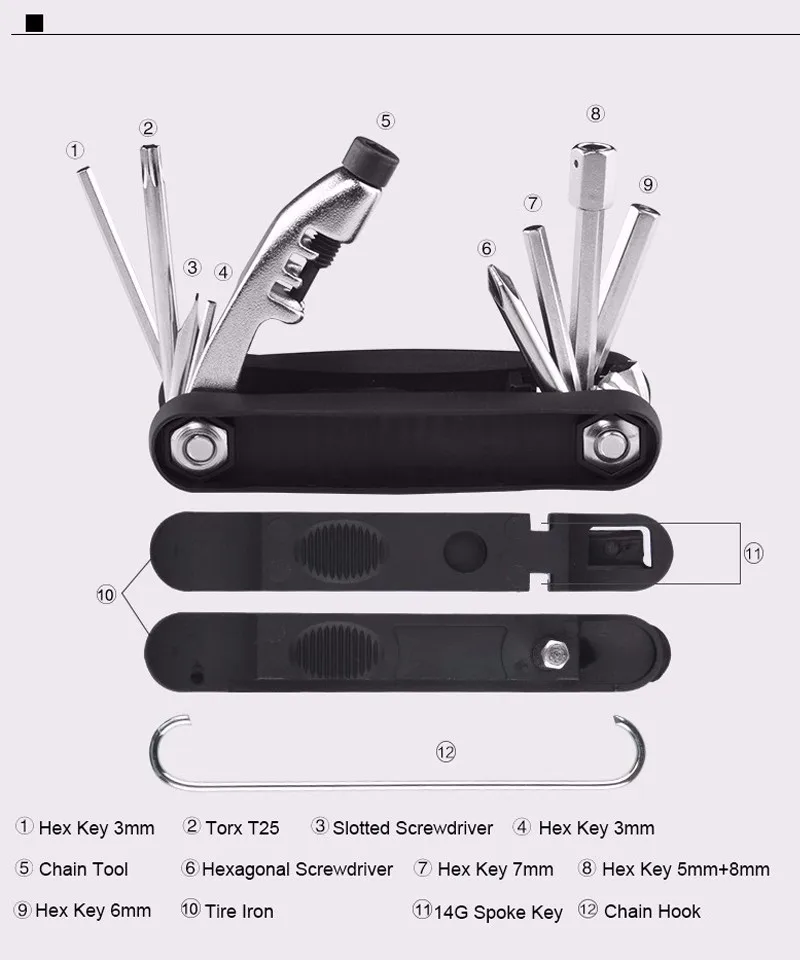 8Hot ROCKBROS High Hardness Premium Alloy Bicycle Pocket Repair Tools 11 in 1 Set Folding Mini Multifunction Cycling Bike Tools