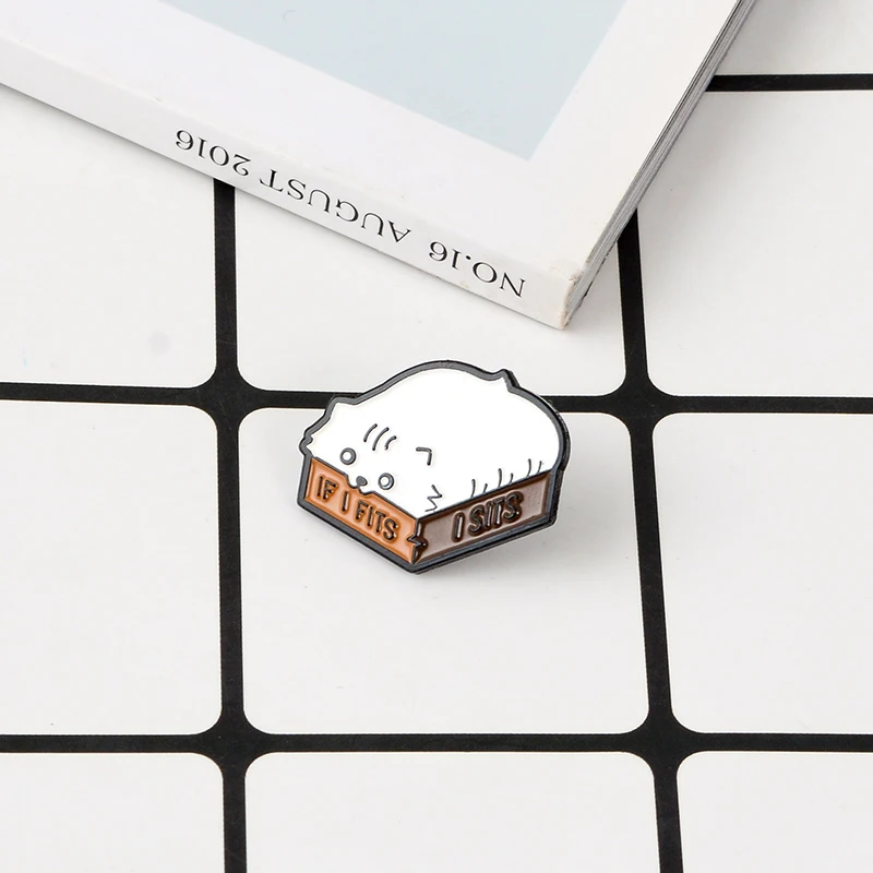 

Cute White Cat in the box Brooch Soft Enamel Pins Kawaii Funny Cartoon Animal Badge Lapel Pin Brooches For Women Men Children