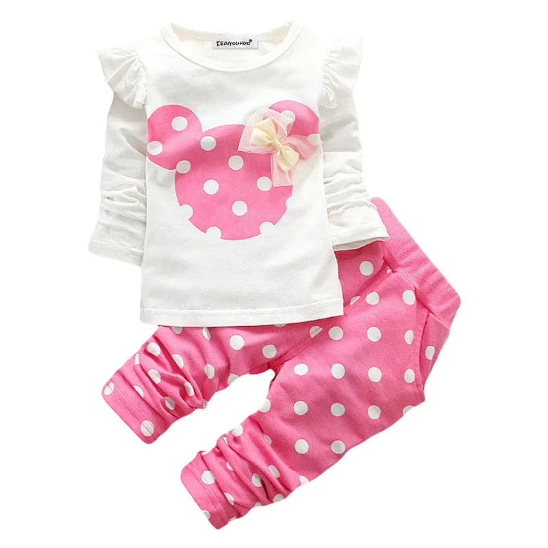 Весенне-осенние комплекты одежды для детей с Микки Маусом одежда для маленьких девочек с Минни футболка с длинными рукавами+ штаны, детские костюмы комплект одежды для маленьких девочек
