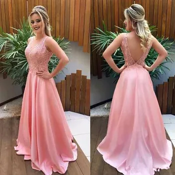 

Sheer Neck Pink Long A Line Prom Dresses 2019 Lace Backless Evening Party Gowns vestido madrinhas de casamneto