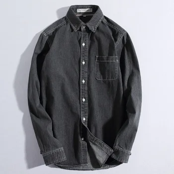 

New solid color soft cotton long-sleeved casual denim shirt men's slim thin retro shirt