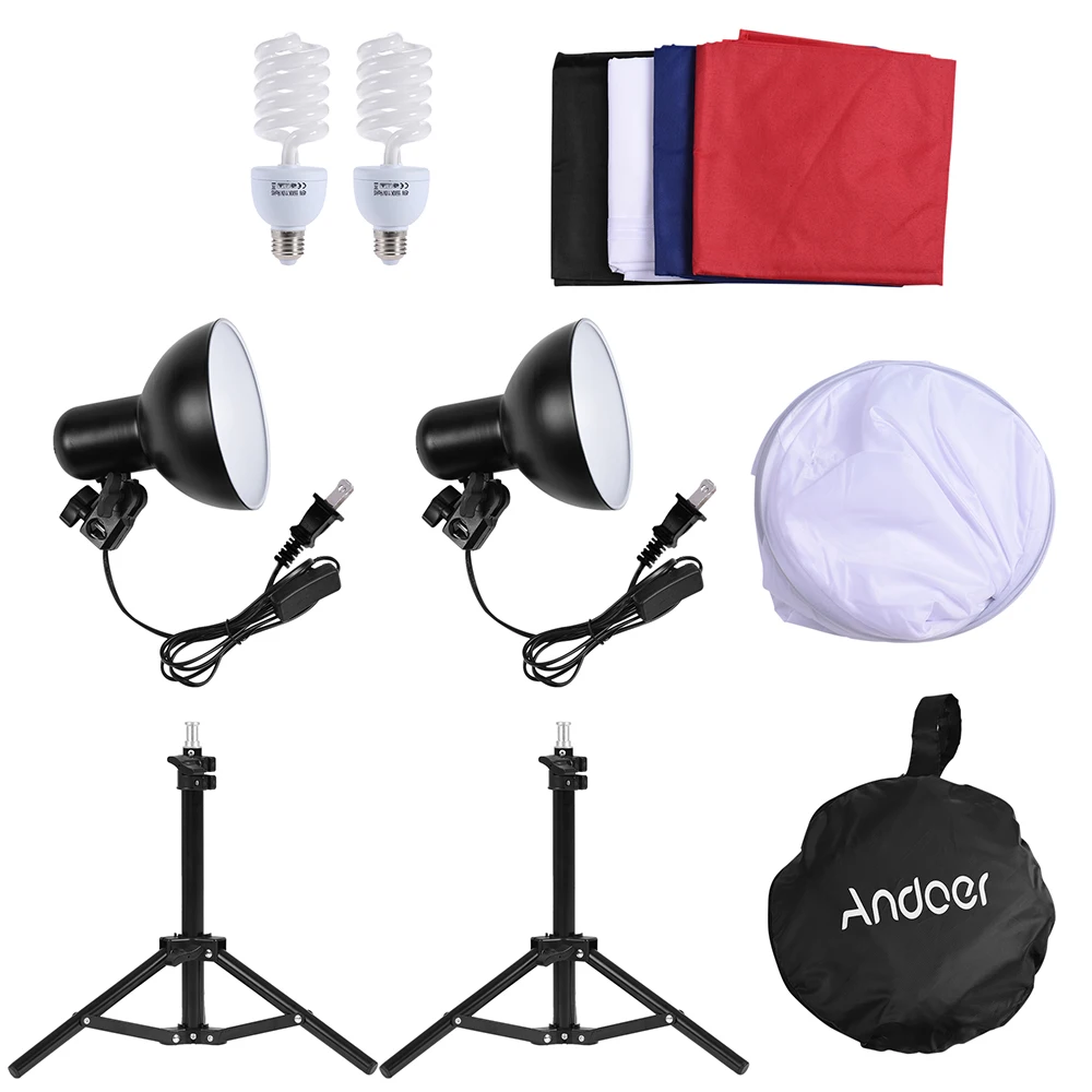 

Andoer 60 * 60 * 60cm Photography Studio Cube Tent+2pcs Lampshade with Lamp Holder+2pcs 45W Light Bulb+4pcs Non-woven Backdrop