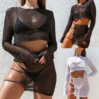 

Womens Black Sheer Mesh Bikini Cover Up Set Crop Top Bandage Skirt Swimsuit Beachwear Chiffon See-thorugh Beach Skirt Outfits