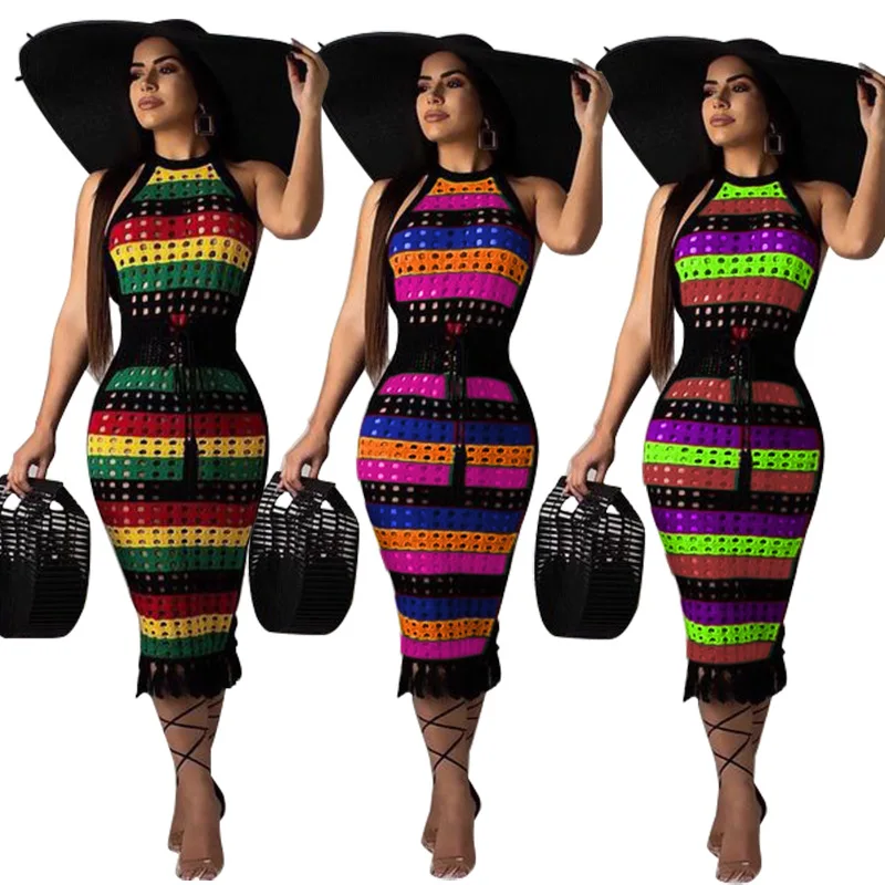 

2019 new African women's outfit embellished hollowed out colorful striped sleeveless fringed dresses with MIDI dresses and beach