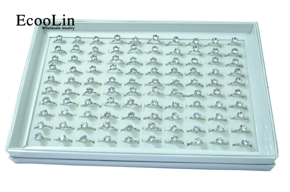 

50Pcs EcooLin Jewelry Fashion 1.0 Carat Zircon Silver Plated Rings Lots For Women Bulk Packs LR4023
