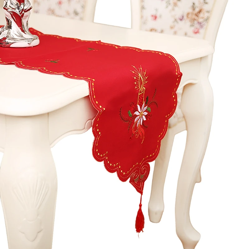 

Christmas Table Runner Embroidered Floral Lace Dust Proof Covers Xmas Decor