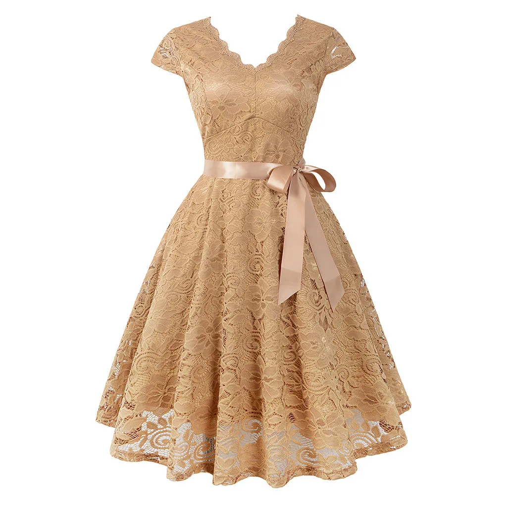 

2019 New High quality Women Ball Party Lace Panel V-Neck Short Sleeve Vintage Waist Lace Dress Vestidos 30#