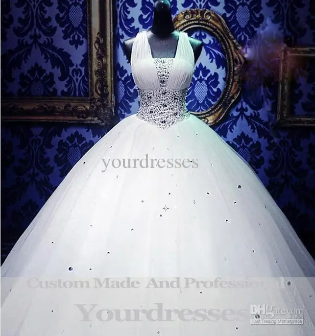 2013 Cinderella Royal Puffy White Straps Corset Ball Gown Wedding Dresses With Crystal Organza