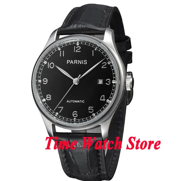

Parnis 43mm Black dial silver hands Black Leather Strap Automatic movement Men's watch 155