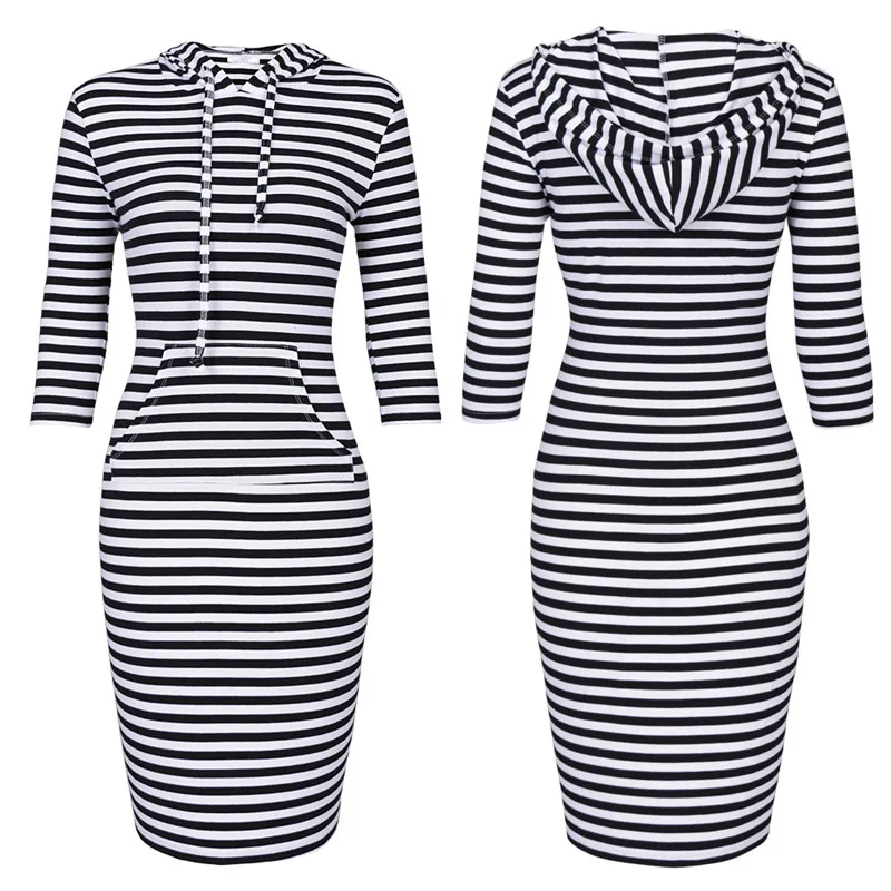 

Autumn Winter Cotton Dress Women Hooded Dress Casual Striped Black Straight Dress Front Pocket Slim Midi Dress Fashion Clothing