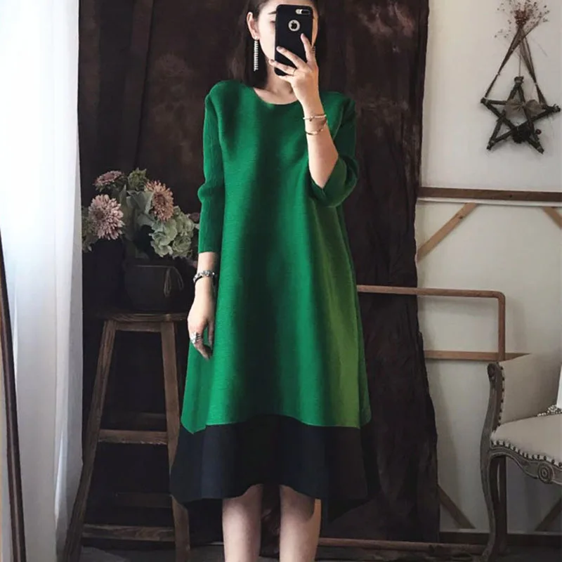 SHENGPALAE, новинка весны, два воротника, пэчворк, цвет, длинный рукав, свободный, большой размер, женское повседневное модное винтажное платье FB088 - Цвет: green dress