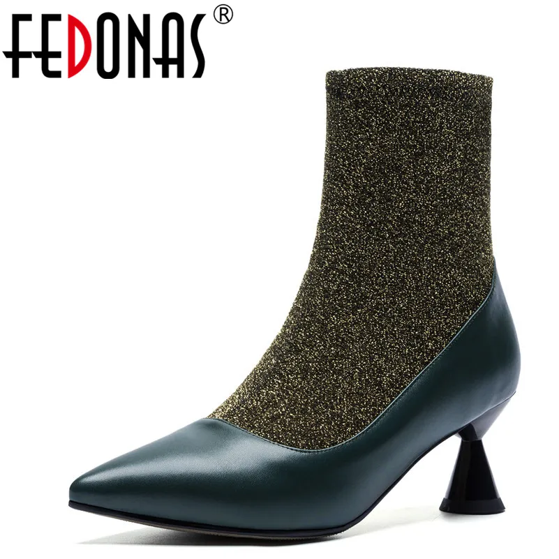 

FEDONAS 2019 Fashion Women Ankle Boots Genuine Leather Strange High Heels Party Prom Dancing Pumps Brand Socks High Boots