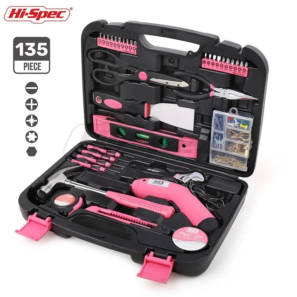 

Hi-Spec 135 Pieces Pink Power Tool Set 4.8V Electric Screwdriver Repair Household Hand Tool Set Kit Gift for Girl Lady Women