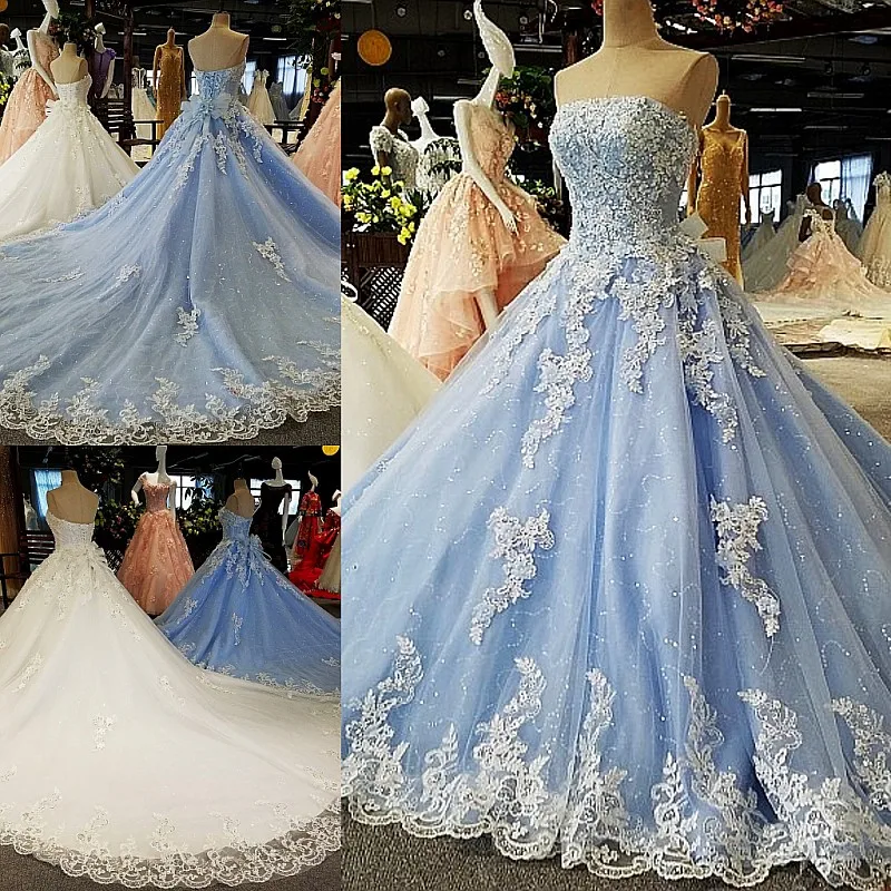 

Elegant Simple Strapless Wedding Dresses Sequins Lace Applique Bows Bridal Gowns A Line Lace-up wedding Gowns Cheap