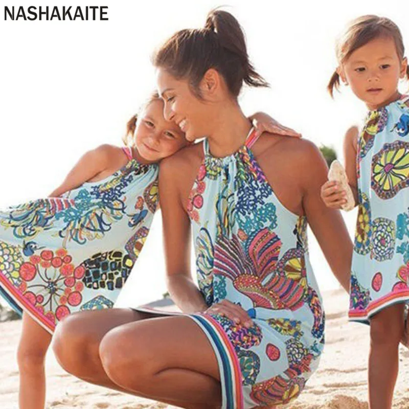 

NASHAKAITE Mom and daughter dress Boho Sundress Halter Vintage Printed Straight Mini Dress Mom and daughter matching clothes