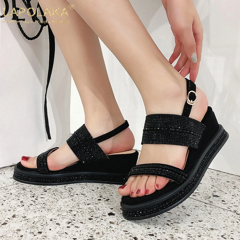 

LAPOLAKA New Large Size 33-42 women's Kid Suede Ladies Wedges High Heels Crystal Shoes Woman Casual Party Ol Summer Sandals