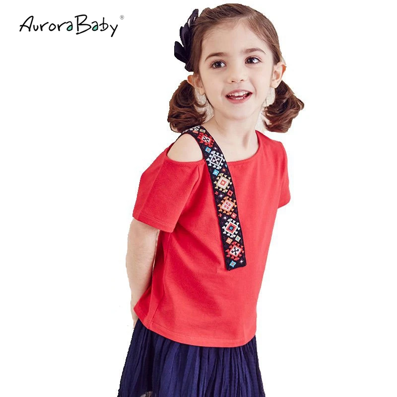 

2018 Summer Girls Fashion T-shirt Embroidery Shoulder Girls T-shirt Bold-Shoulder Cotton Red Tops Children Clothing