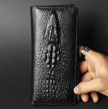

TOP QUALITY MEN'S CROCODILE HEAD BLACK GENUINE LEATHER LONG WALLET PURSE + BOX