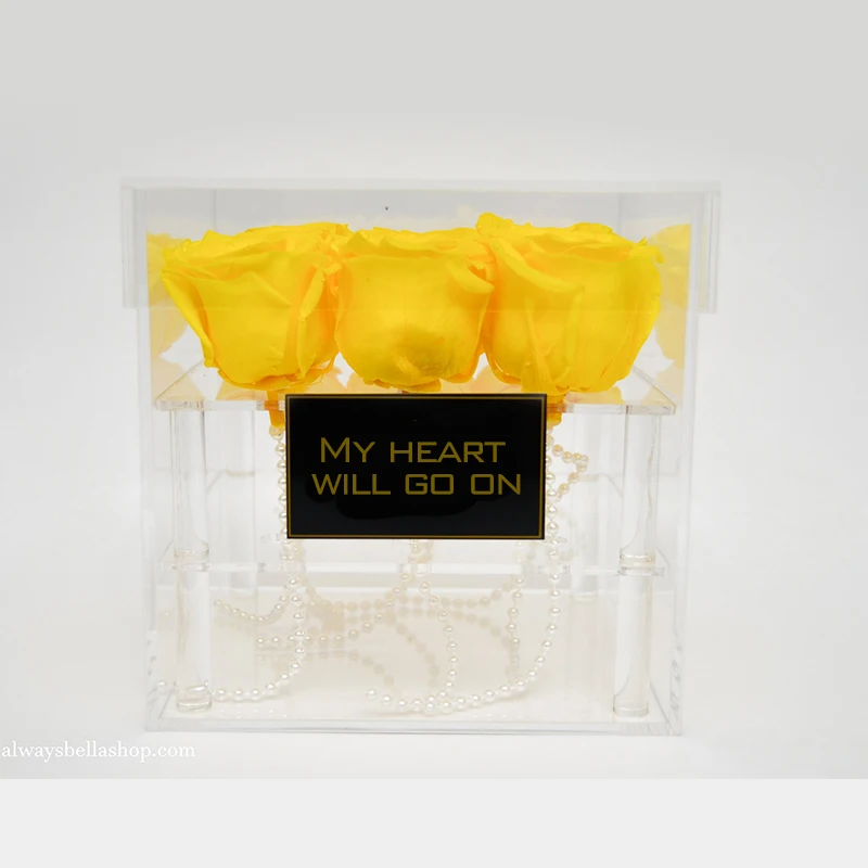 

Acrylic Yellow Rose Flower Box 9 holes Transparent Makeup Organizer Cosmetic Case With Lid Storage Box for Flower
