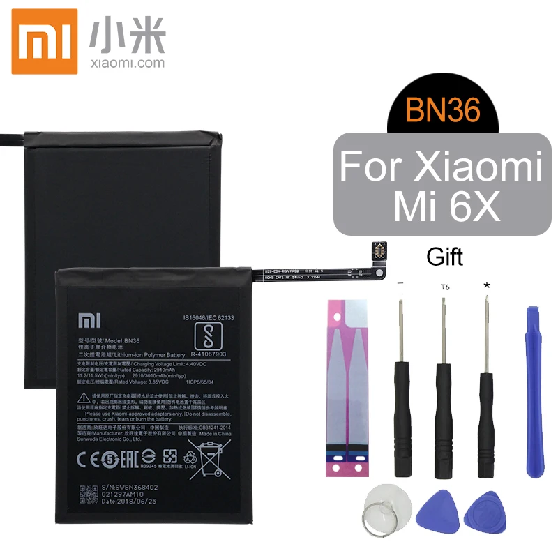 

Xiao Mi Original BN36 Replacement Phone Battery High Capacity 2910mAh For Xiaomi Mi 6X Mi6X Mi A2 MiA2 Genuine Li-ion Tools