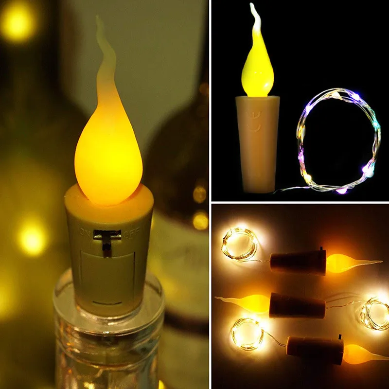 2 м светодиодный гирлянды светодиодный лампы в форме свечи серебряной проволоки Фея гирлянда пробка для бутылки для Стекло ремесло, свадьбы, Рождества, год украшения