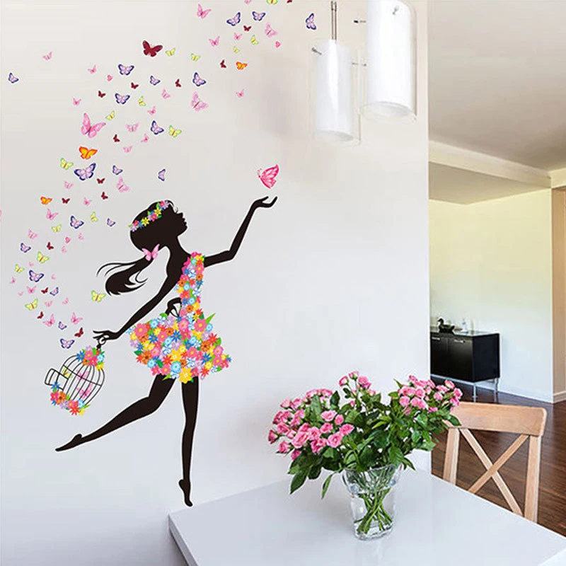 Modern DIY Decorativo Mural PVC Chica Mariposas Flor Dormitorio