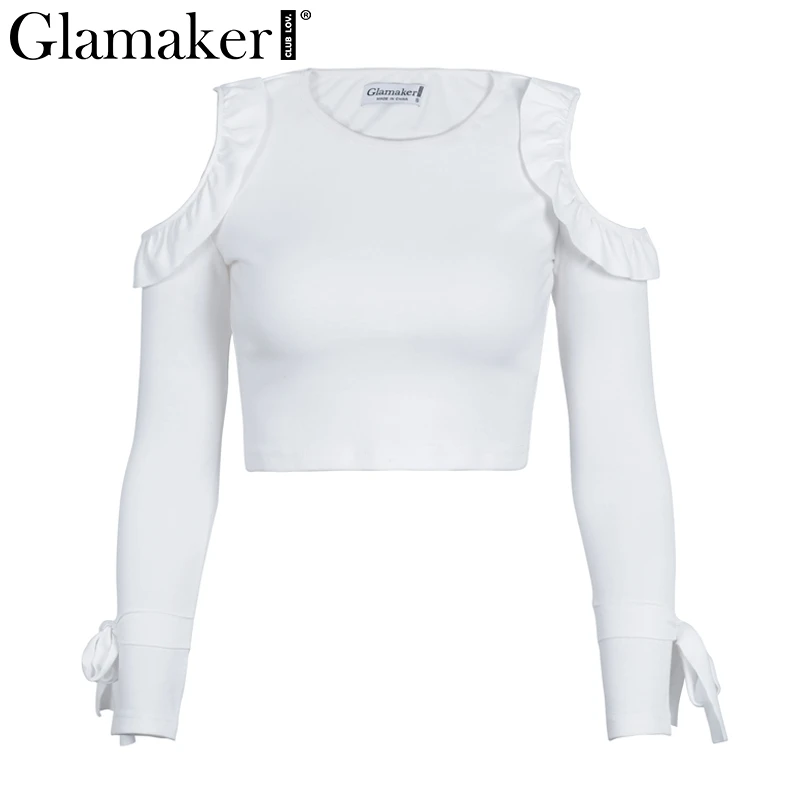 Женский короткий топ Glamaker розовая блузка с рюшами на плечах и бантом весну 2019|pink