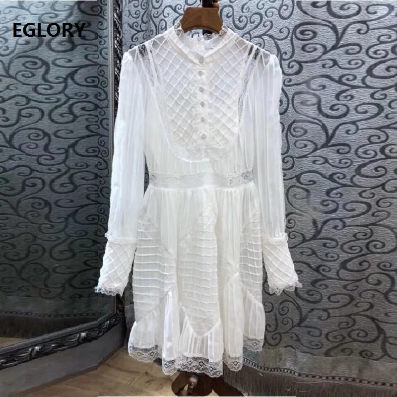 

Top Quality Dress 2019 Spring Summer Style Women Lace Patchwork Long Sleeve White Black Flower Dress Sexy Party Club Dress Mini