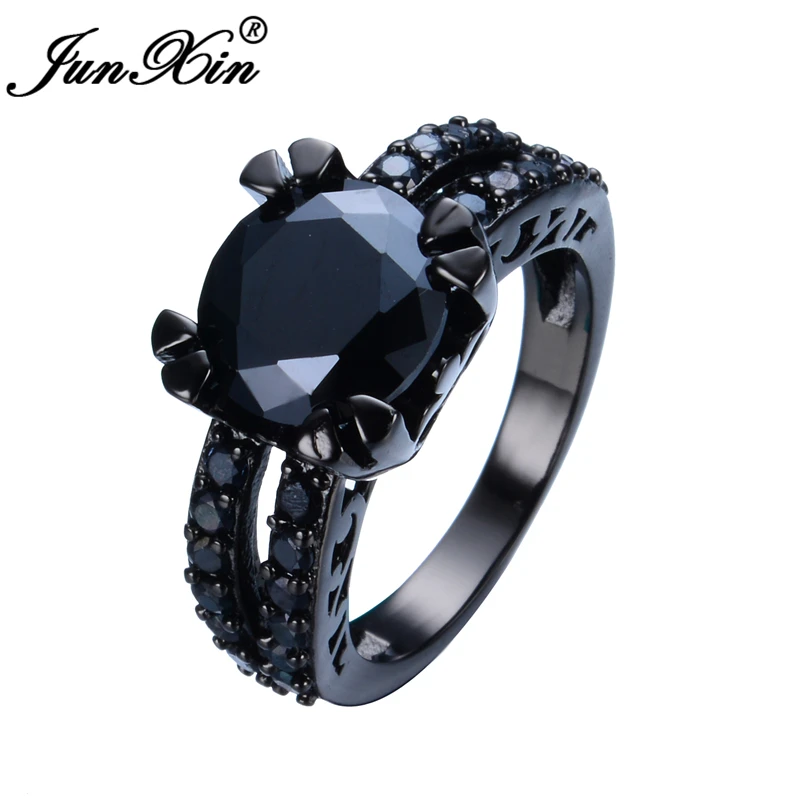 

JUNXIN Top Quality Size 6/7/8/9/10 Black Zircon Ring For Women Black Gold Filled Wedding Party Rings Fashion Jewelry Bijoux