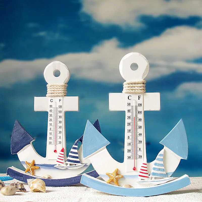 Термометр в виде якоря в средиземноморском стиле, Подарочный деревянный декор с якорем домашний декор в морском стиле