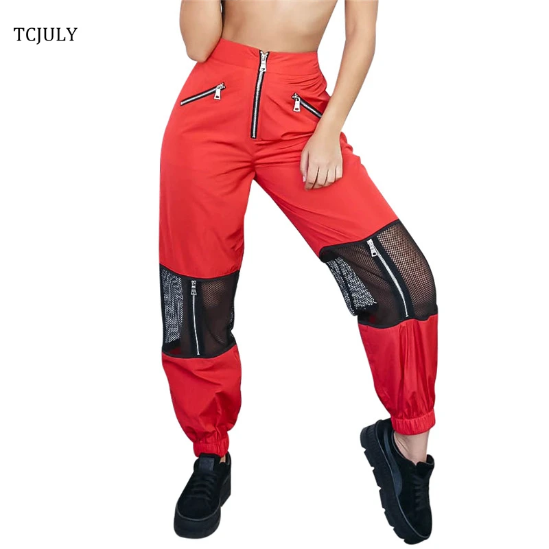 

TCJULY Spring Autumn Fashion Hollow Out Sweatpants Trousers For Women Net Yarn Patchwork Fake Zippers Design Casual Harem Pants