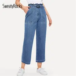 SweatyRocks Paperbag пояс поясом широкие брюки джинсы для женщин для уличная карман мотобрюки 2019 джинсы с ширинкой на молнии брюки девочек
