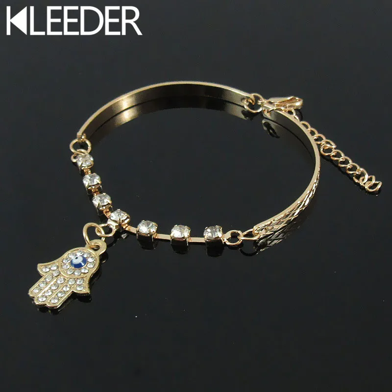 

KLEEDER Vintage Evil Eye Fatima Hand Rhinestone Bracelet Gold Color Metal Crystal Charm Bracelet for Women Fashion Jewelry Gift