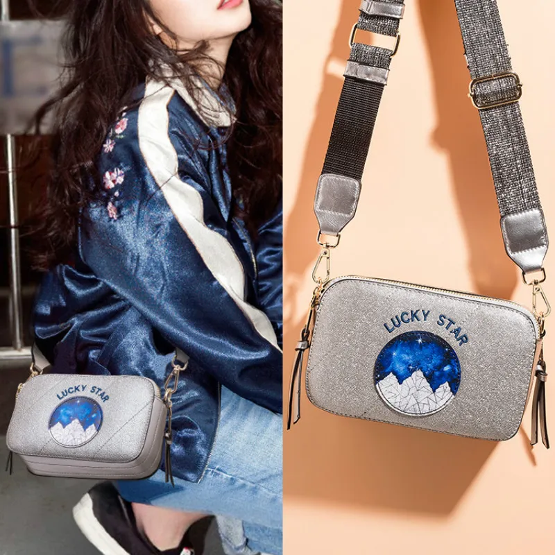 

2019 new camera bag wide shoulder strap letter small square bag leather ladies handbag double zipper small shoulder bag wallet
