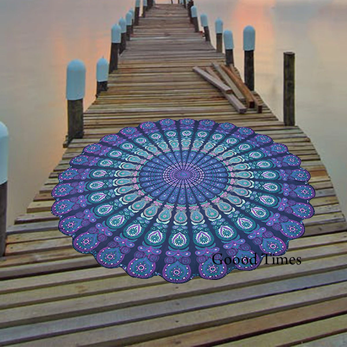 Blue Boho Ethnic Large Round Tapestry Wall Hanging Peacock Mandala Beach Throw Yoga Mat Towel (2)